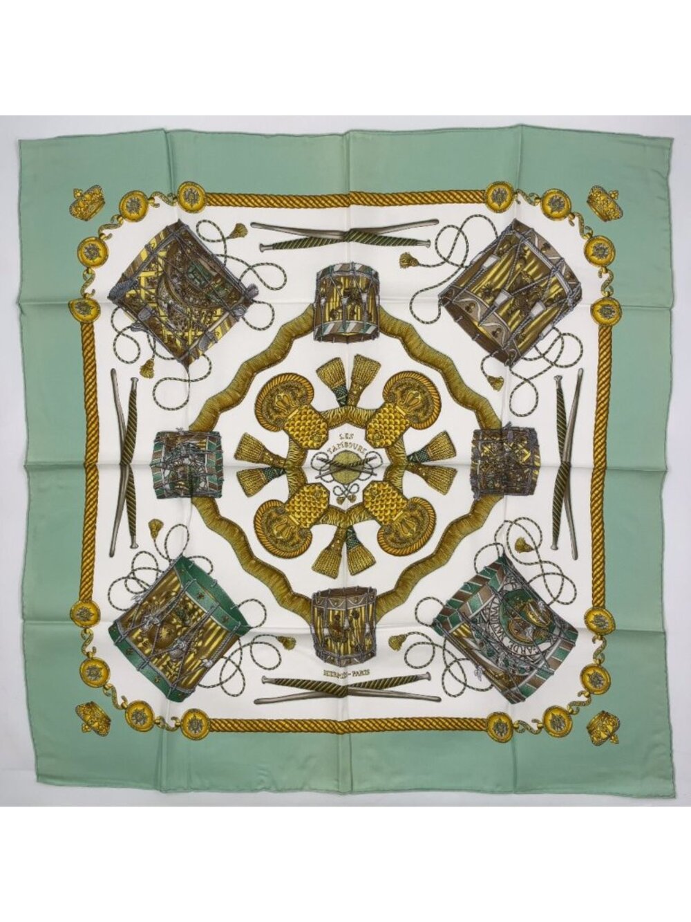 Hermes Carre 90 Tambour Drum Silk Green White Scarf